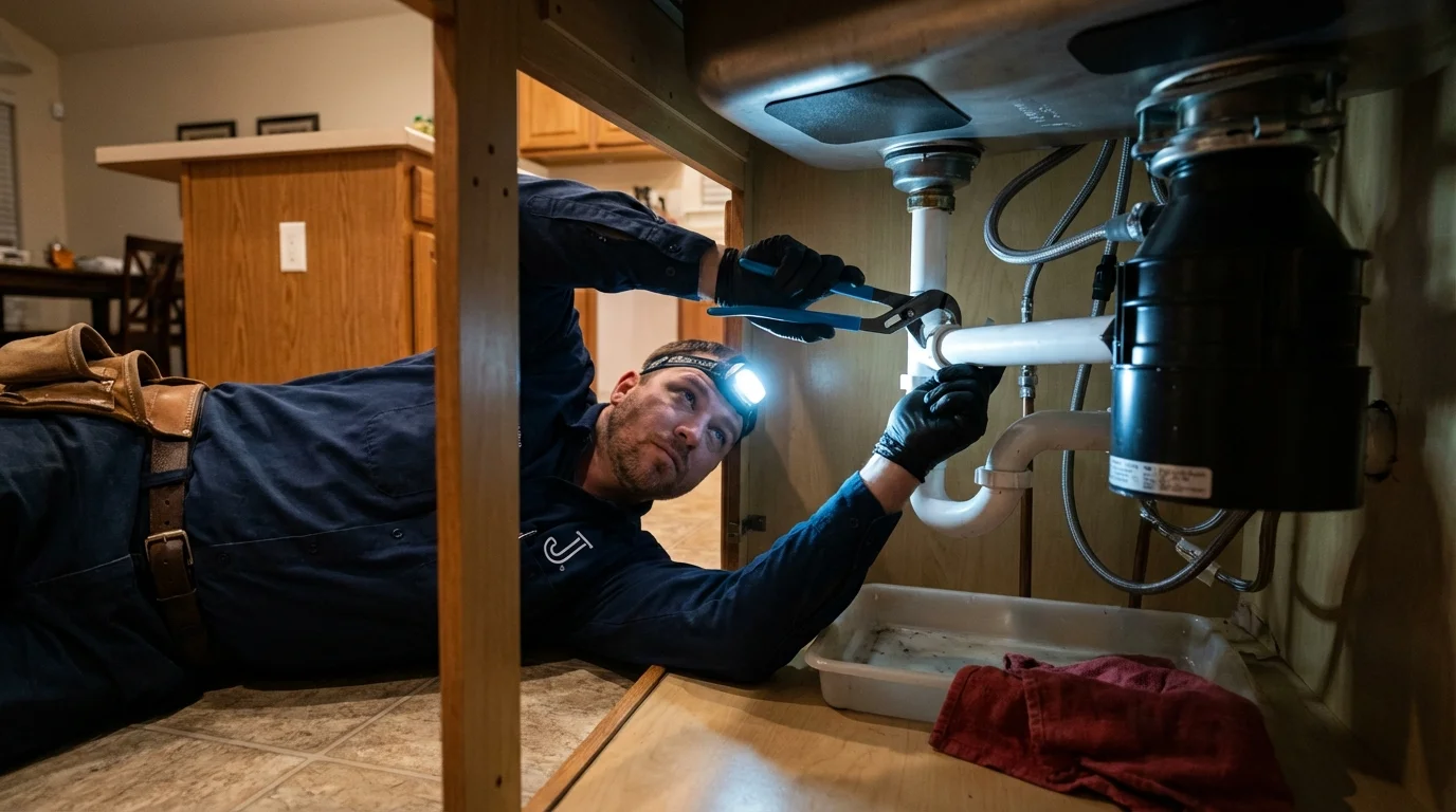 P-trap and supply line connections under a kitchen sink showing a common leak point in Beaverton, OR